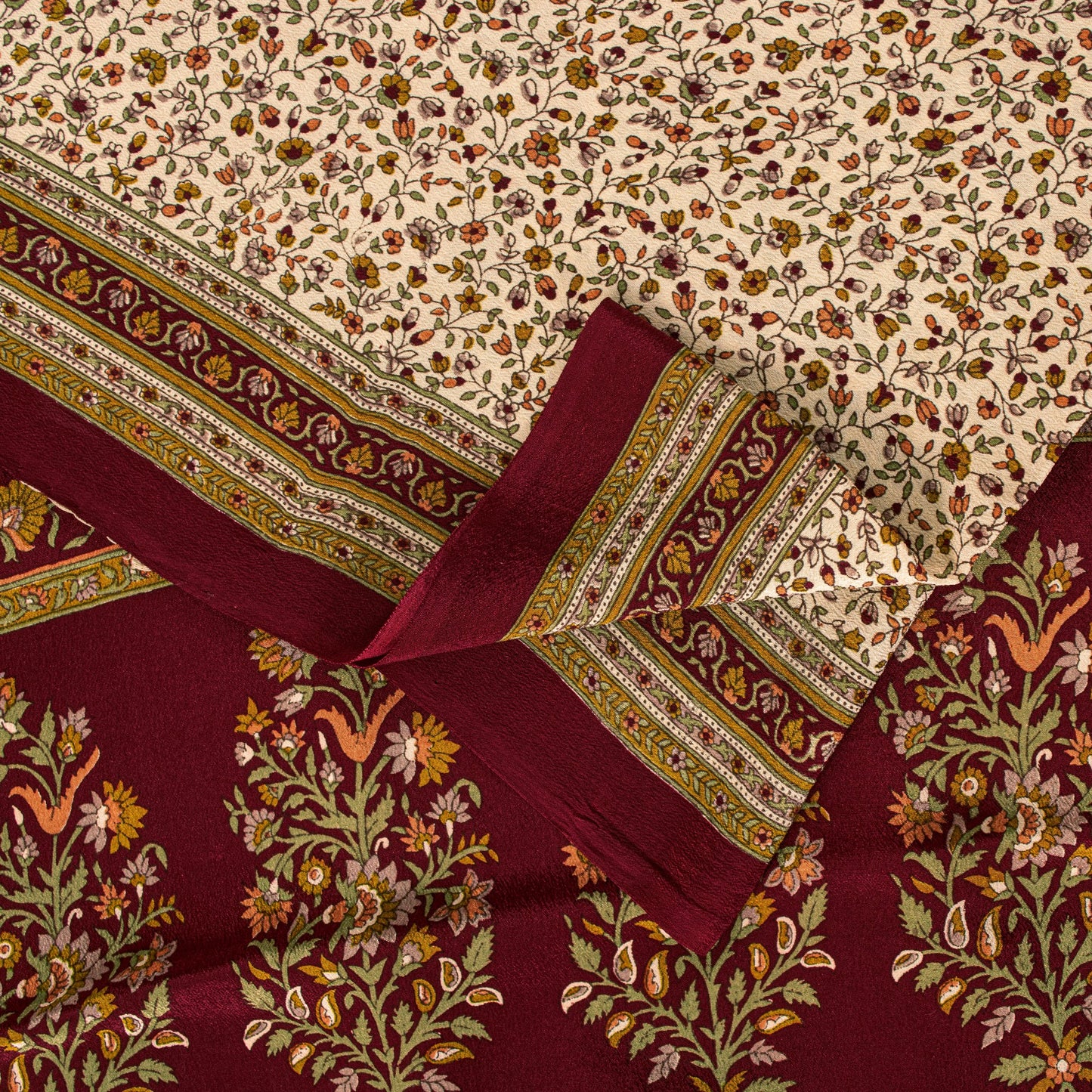 Sanskriti Vintage Cream-Red Saree Pure Crepe Kalamkari Print Sari 5.5+YD Fabric