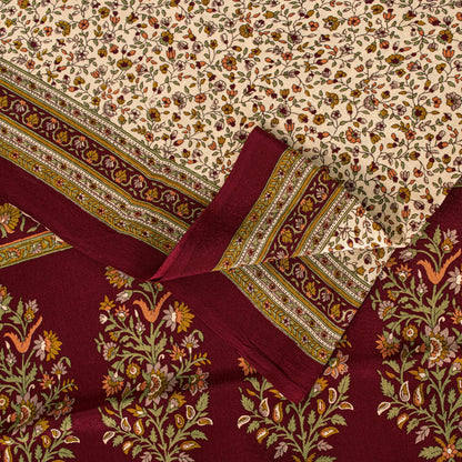Sanskriti Vintage Cream-Red Saree Pure Crepe Kalamkari Print Sari 5.5+YD Fabric