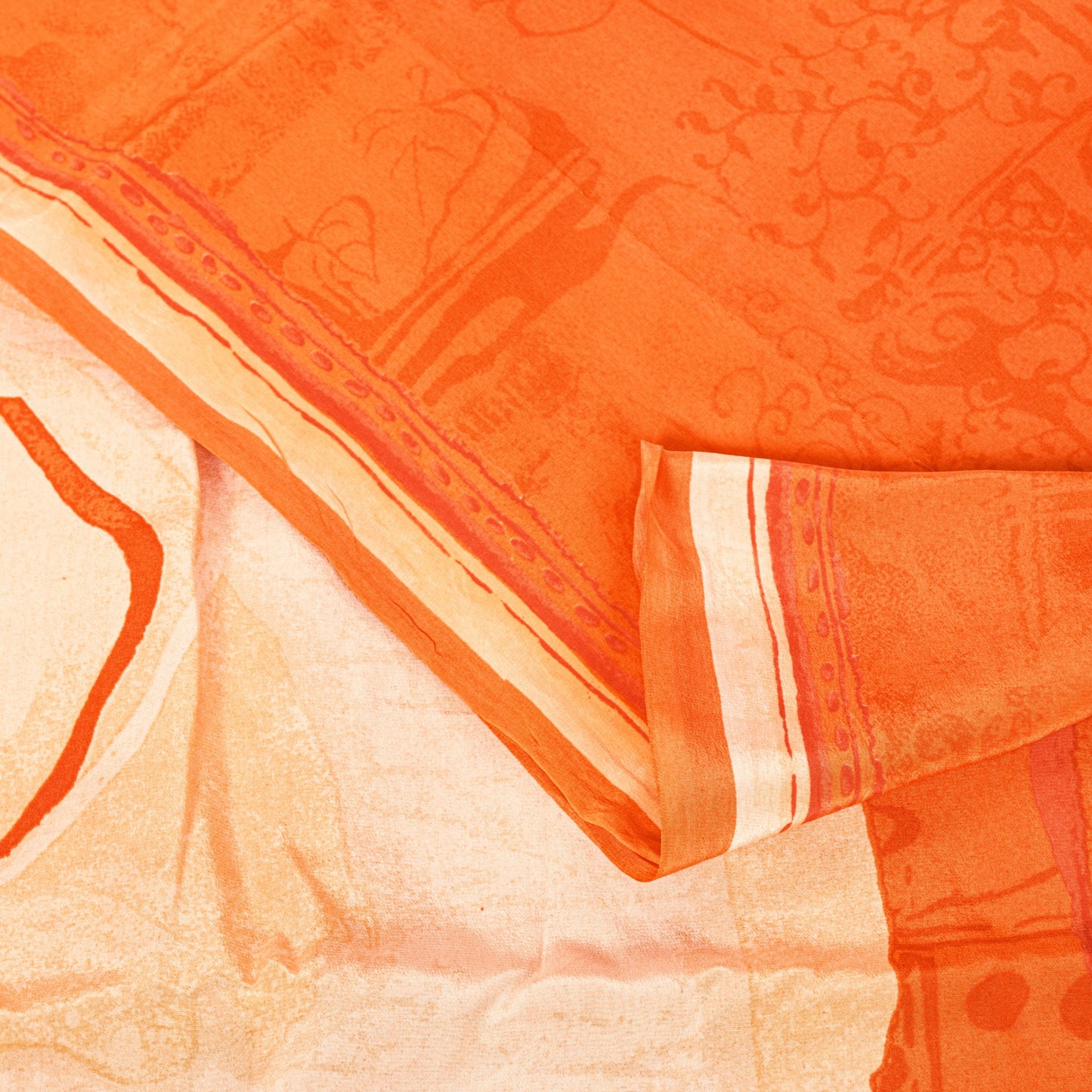 Sanskriti Vintage Orange-Cream Pure Crepe Sarees Hand Block Print 5.5+YD Fabric