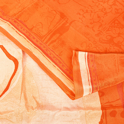 Sanskriti Vintage Orange-Cream Pure Crepe Sarees Hand Block Print 5.5+YD Fabric