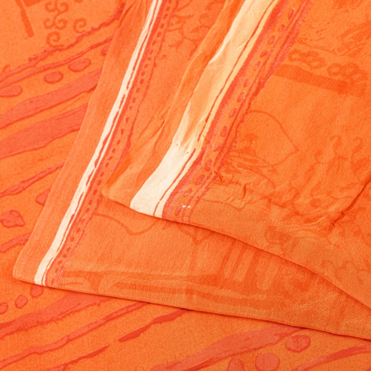Sanskriti Vintage Orange-Cream Pure Crepe Sarees Hand Block Print 5.5+YD Fabric