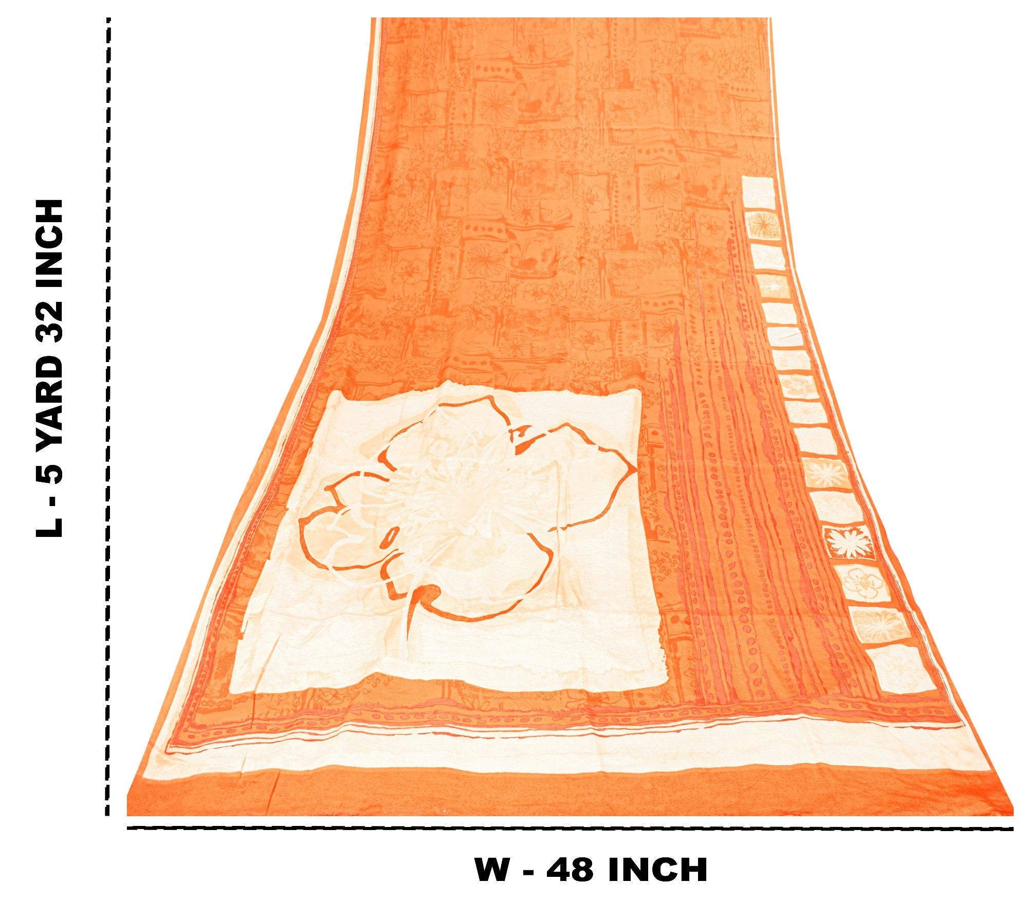 Sanskriti Vintage Orange-Cream Pure Crepe Sarees Hand Block Print 5.5+YD Fabric