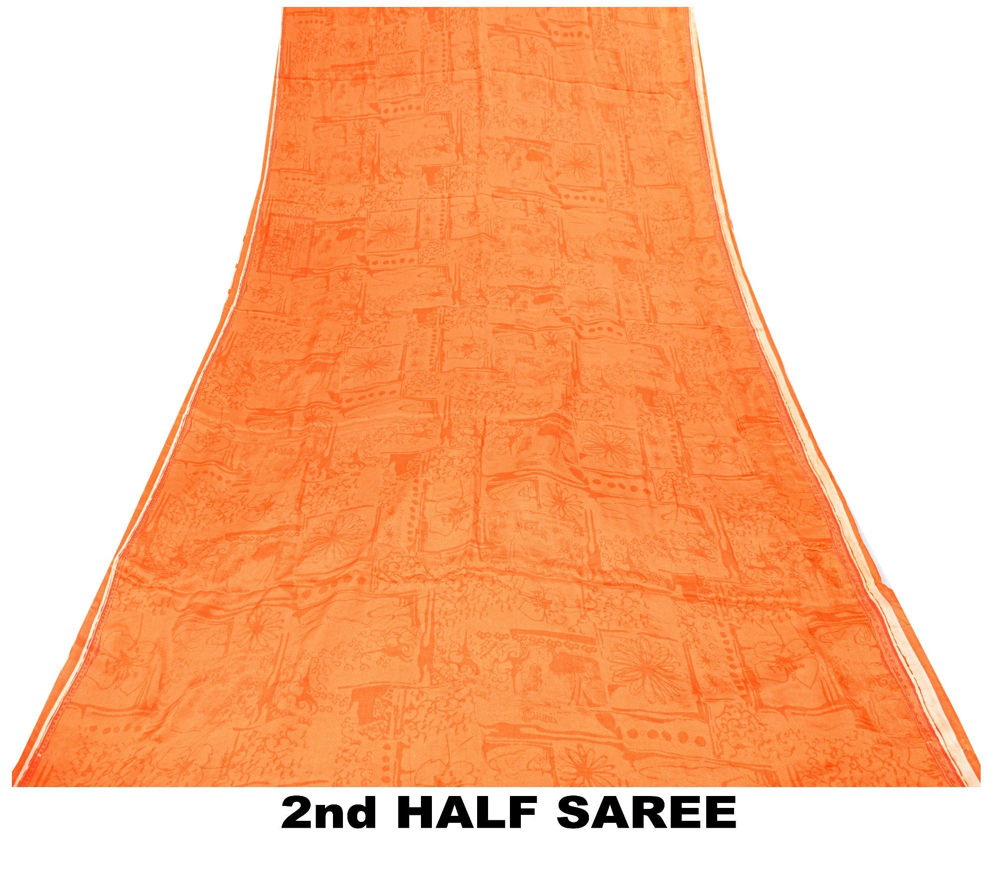 Sanskriti Vintage Orange-Cream Pure Crepe Sarees Hand Block Print 5.5+YD Fabric