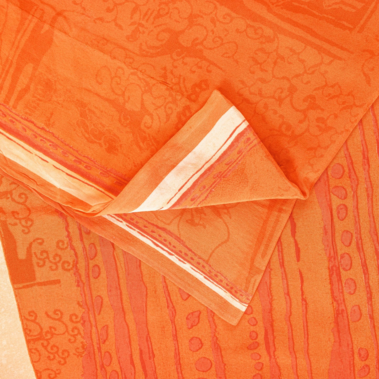Sanskriti Vintage Orange-Cream Pure Crepe Sarees Hand Block Print 5.5+YD Fabric