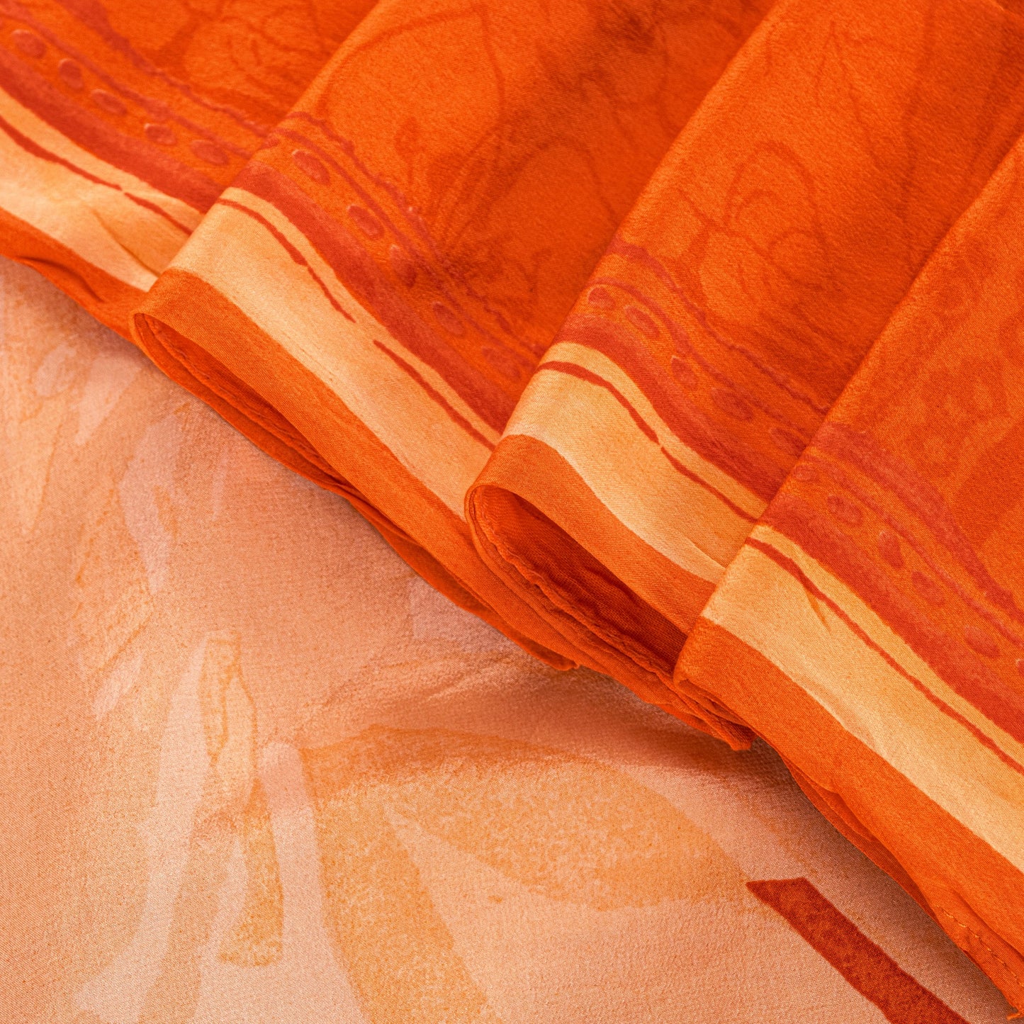 Sanskriti Vintage Orange-Cream Pure Crepe Sarees Hand Block Print 5.5+YD Fabric