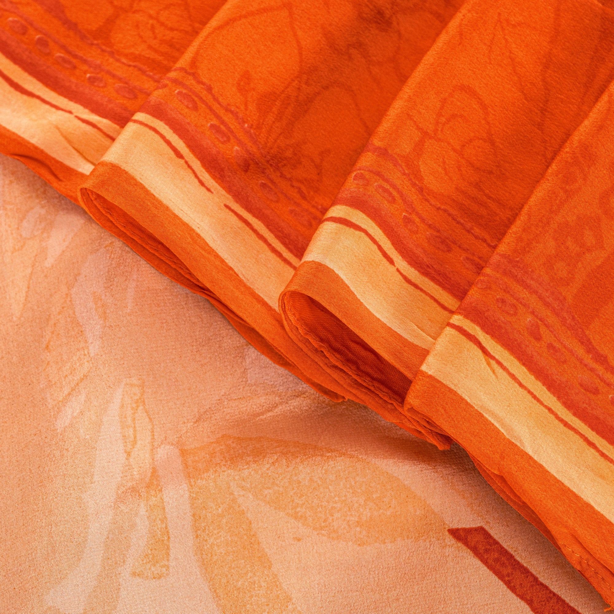 Sanskriti Vintage Orange-Cream Pure Crepe Sarees Hand Block Print 5.5+YD Fabric