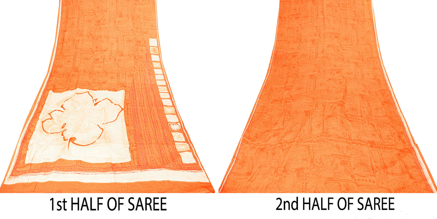 Sanskriti Vintage Orange-Cream Pure Crepe Sarees Hand Block Print 5.5+YD Fabric