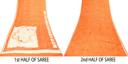 Sanskriti Vintage Orange-Cream Pure Crepe Sarees Hand Block Print 5.5+YD Fabric