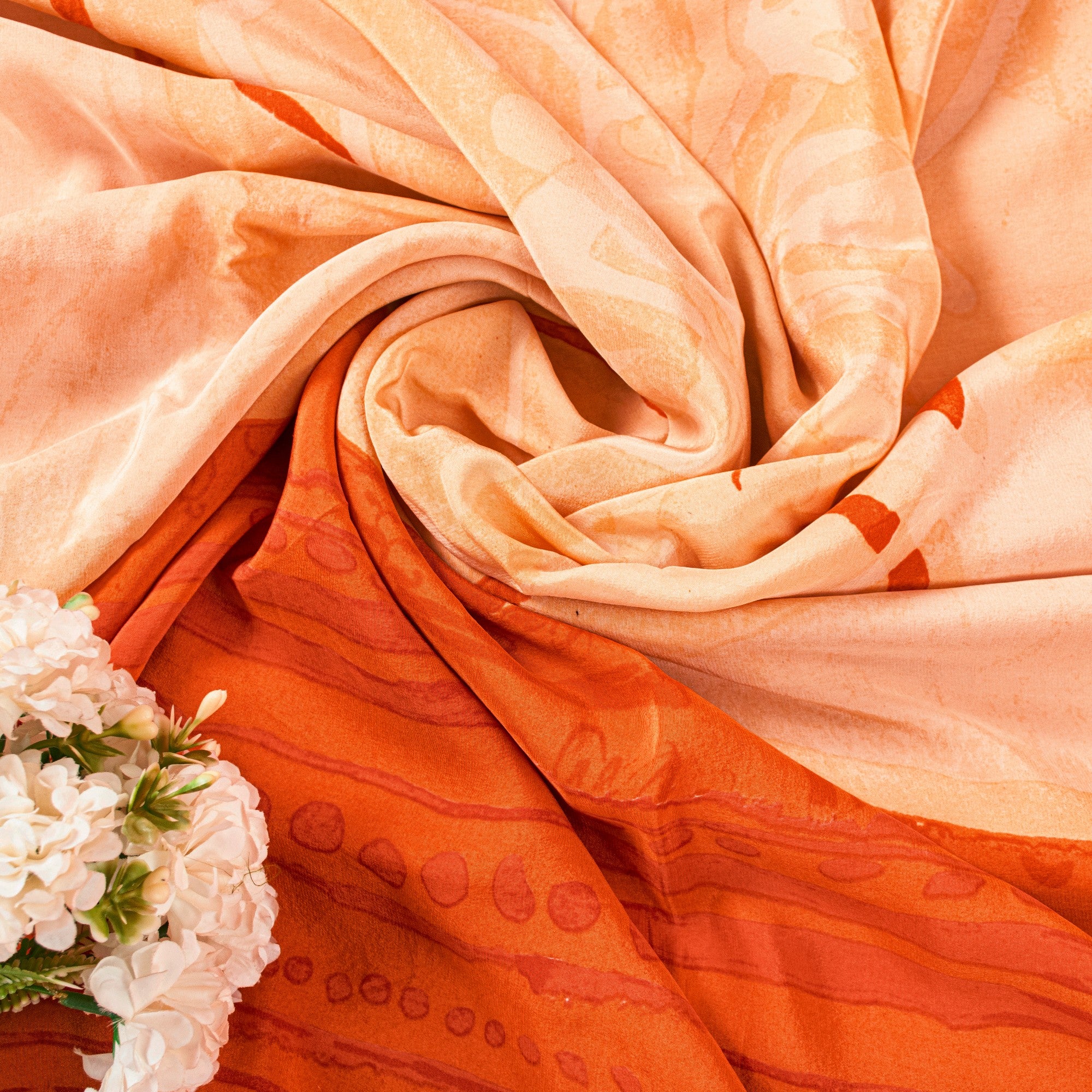 Sanskriti Vintage Orange-Cream Pure Crepe Sarees Hand Block Print 5.5+YD Fabric