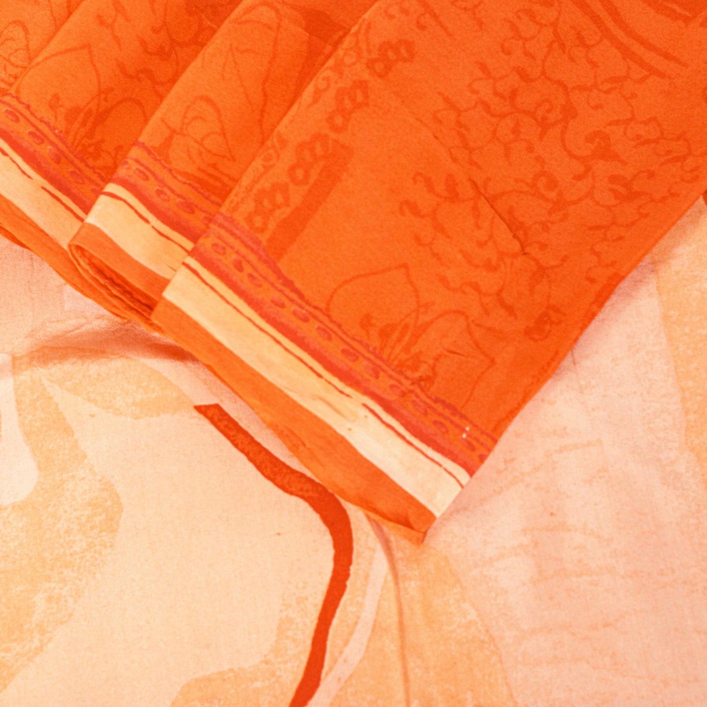 Sanskriti Vintage Orange-Cream Pure Crepe Sarees Hand Block Print 5.5+YD Fabric