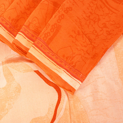 Sanskriti Vintage Orange-Cream Pure Crepe Sarees Hand Block Print 5.5+YD Fabric