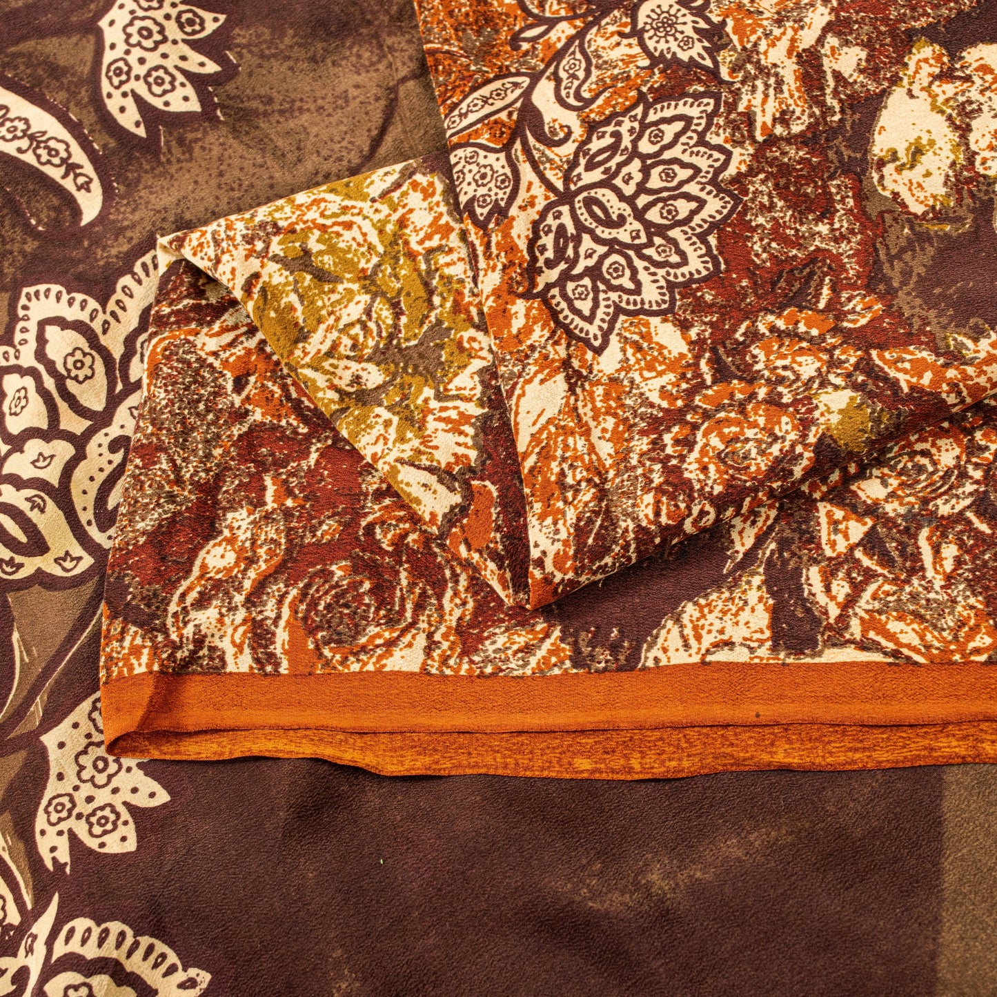 Sanskriti Vintage Brown-Orange Sarees Pure Crepe Floral Printed Sari 5+YD Fabric