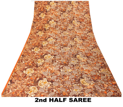 Sanskriti Vintage Brown-Orange Sarees Pure Crepe Floral Printed Sari 5+YD Fabric
