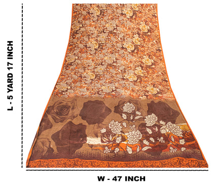 Sanskriti Vintage Brown-Orange Sarees Pure Crepe Floral Printed Sari 5+YD Fabric
