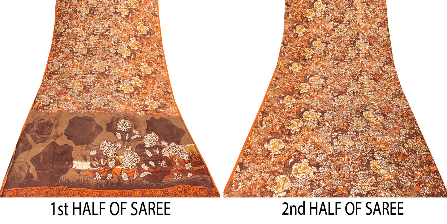 Sanskriti Vintage Brown-Orange Sarees Pure Crepe Floral Printed Sari 5+YD Fabric
