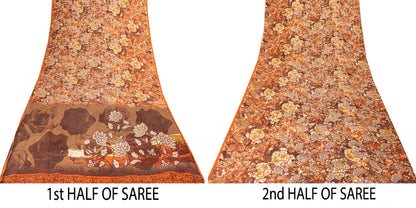 Sanskriti Vintage Brown-Orange Sarees Pure Crepe Floral Printed Sari 5+YD Fabric