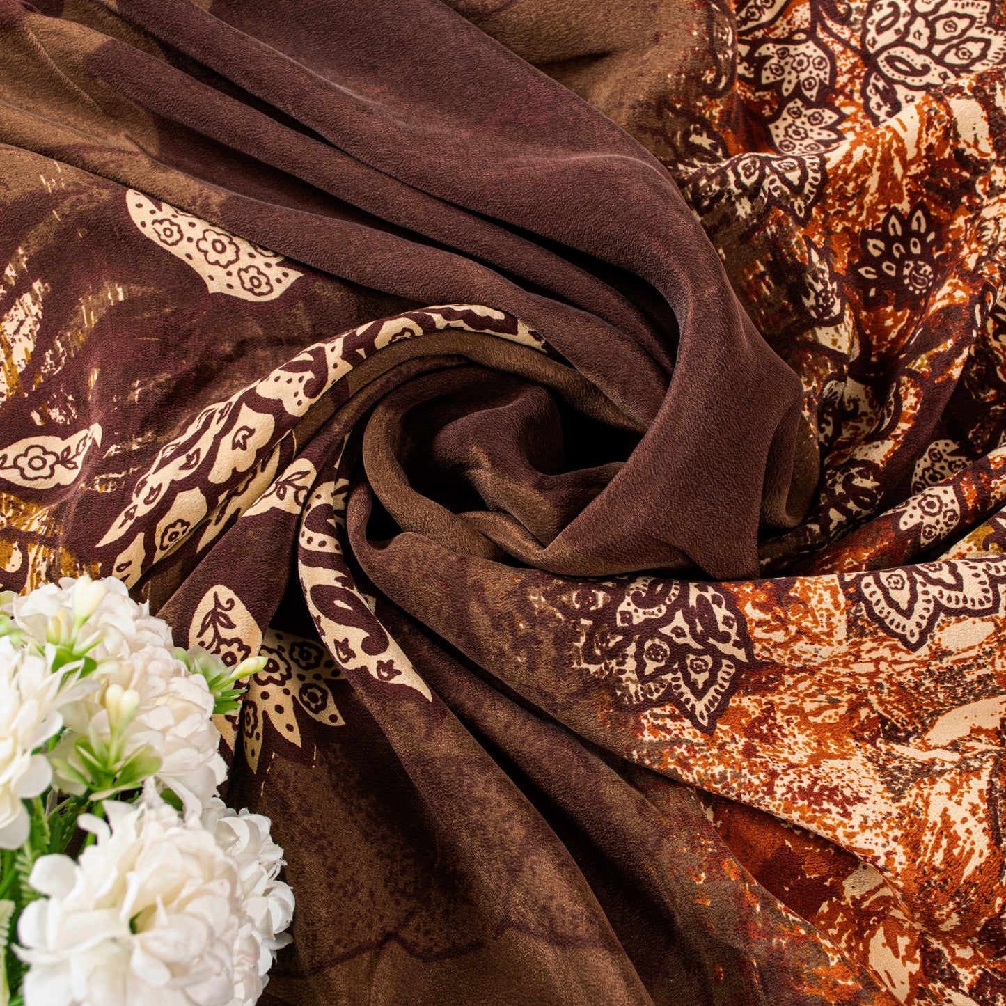 Sanskriti Vintage Brown-Orange Sarees Pure Crepe Floral Printed Sari 5+YD Fabric