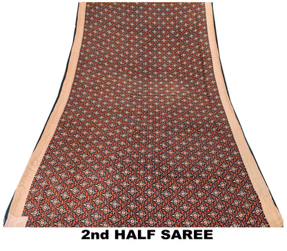 Sanskriti Vintage Black-Golden Sarees Pure Crepe Floral Print Mukesh 6 Yd Fabric