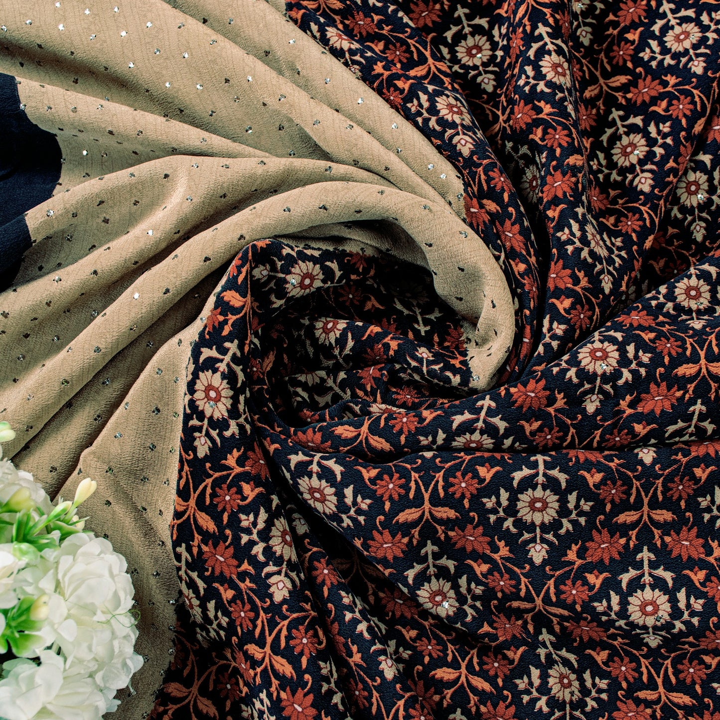 Sanskriti Vintage Black-Golden Sarees Pure Crepe Floral Print Mukesh 6 Yd Fabric