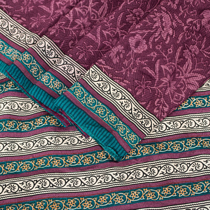 Sanskriti Vintage Purple Sarees Pure Crepe Kalamkari Printed Sari 5.5+YD Fabric