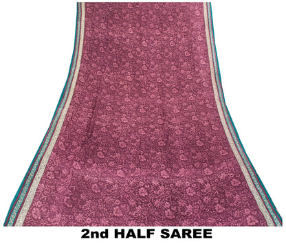 Sanskriti Vintage Purple Sarees Pure Crepe Kalamkari Printed Sari 5.5+YD Fabric