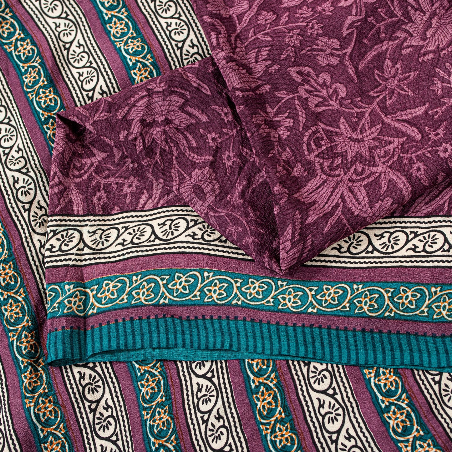 Sanskriti Vintage Purple Sarees Pure Crepe Kalamkari Printed Sari 5.5+YD Fabric