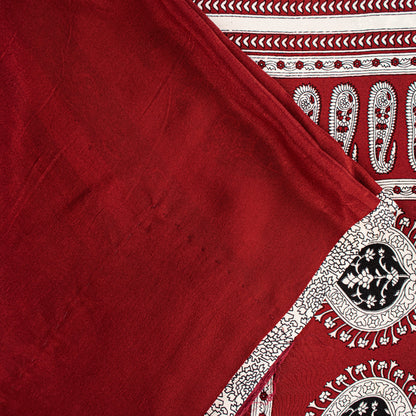 Sanskriti Vintage Red-Black Saree Pure Crepe Handmade Kalamkari 5.5+YD Fabric