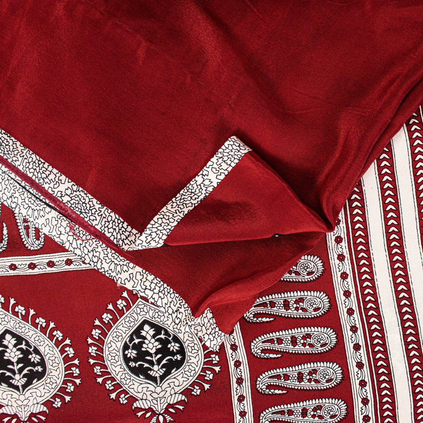Sanskriti Vintage Red-Black Saree Pure Crepe Handmade Kalamkari 5.5+YD Fabric