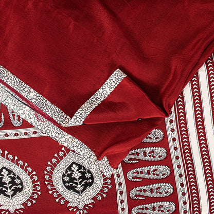 Sanskriti Vintage Red-Black Saree Pure Crepe Handmade Kalamkari 5.5+YD Fabric