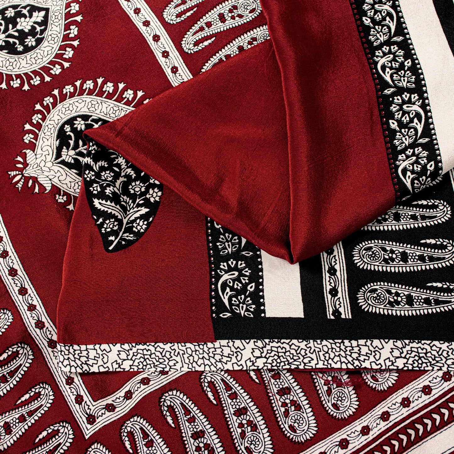 Sanskriti Vintage Red-Black Saree Pure Crepe Handmade Kalamkari 5.5+YD Fabric