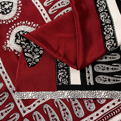 Sanskriti Vintage Red-Black Saree Pure Crepe Handmade Kalamkari 5.5+YD Fabric