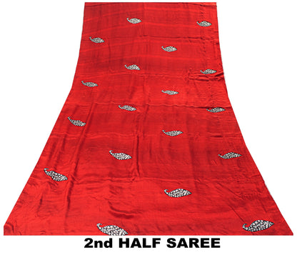 Sanskriti Vintage Red-Black Saree Pure Crepe Handmade Kalamkari 5.5+YD Fabric