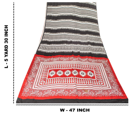 Sanskriti Vintage Red-Black Saree Pure Crepe Handmade Kalamkari 5.5+YD Fabric