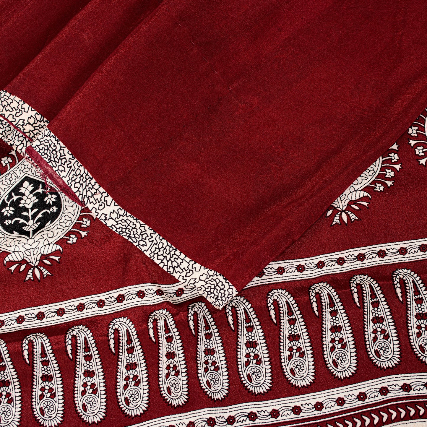 Sanskriti Vintage Red-Black Saree Pure Crepe Handmade Kalamkari 5.5+YD Fabric
