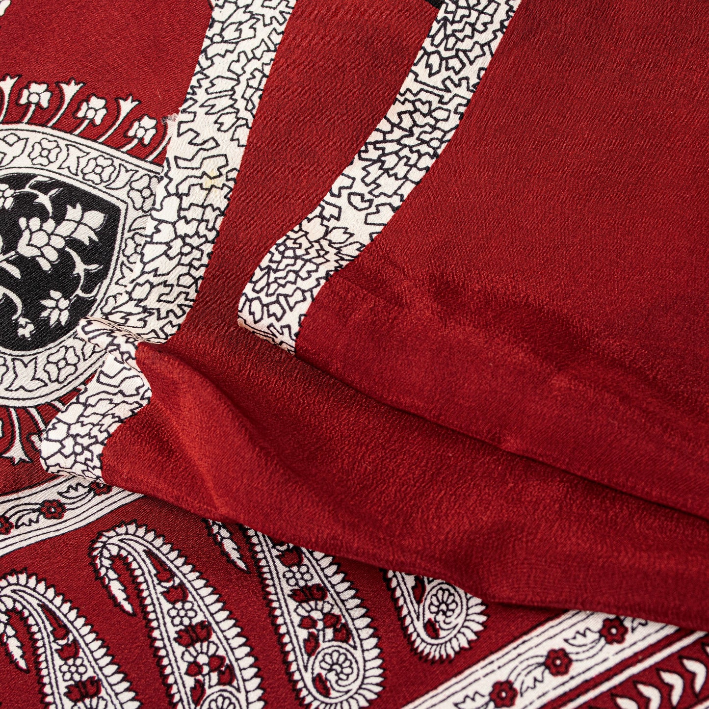 Sanskriti Vintage Red-Black Saree Pure Crepe Handmade Kalamkari 5.5+YD Fabric