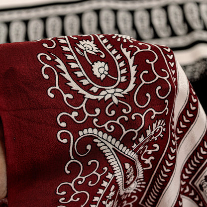 Sanskriti Vintage Red-Black Saree Pure Crepe Handmade Kalamkari 5.5+YD Fabric
