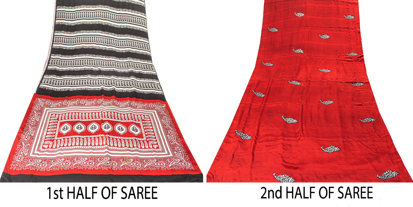 Sanskriti Vintage Red-Black Saree Pure Crepe Handmade Kalamkari 5.5+YD Fabric