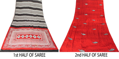 Sanskriti Vintage Red-Black Saree Pure Crepe Handmade Kalamkari 5.5+YD Fabric