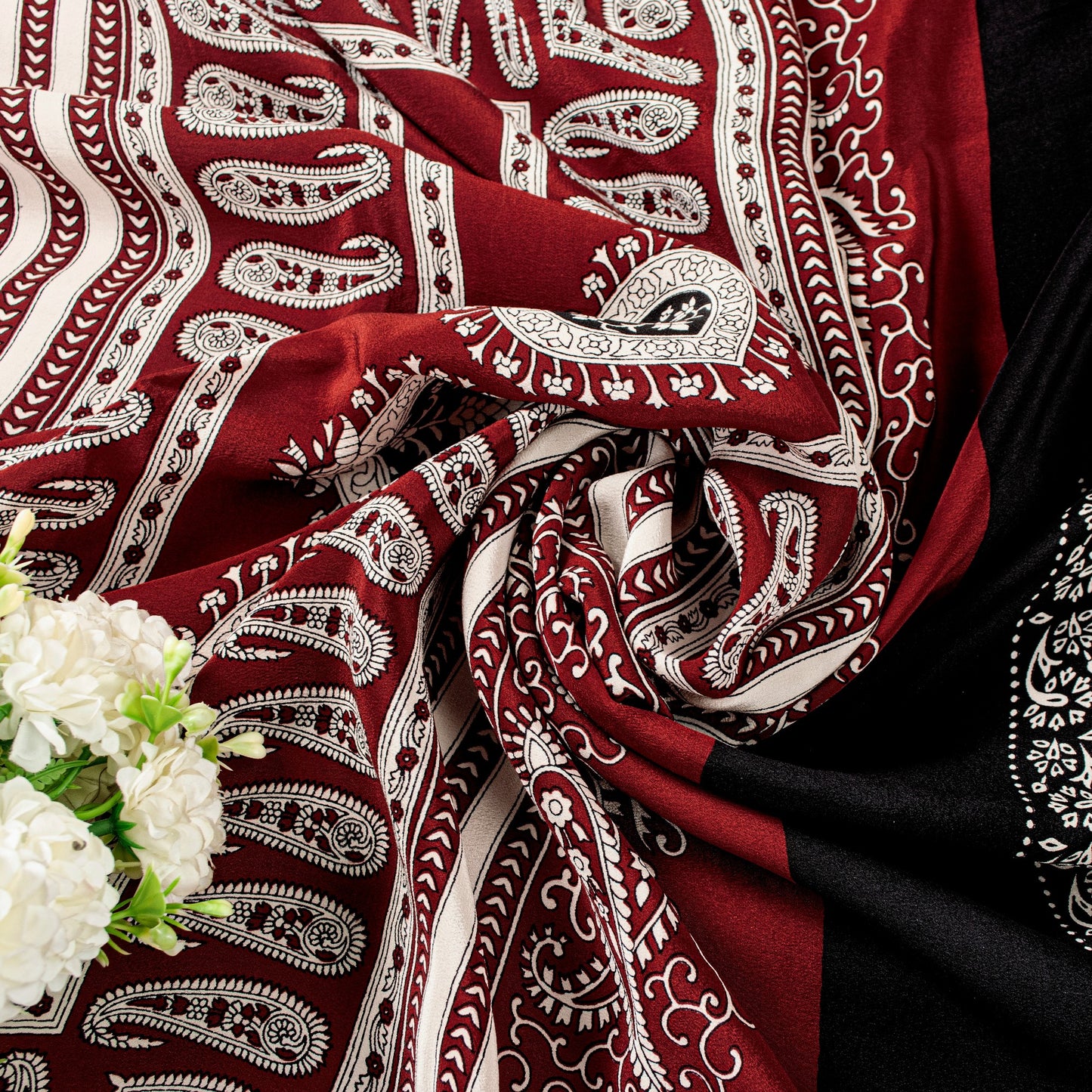 Sanskriti Vintage Red-Black Saree Pure Crepe Handmade Kalamkari 5.5+YD Fabric