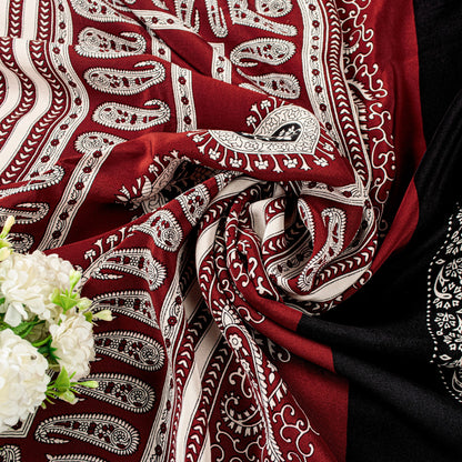 Sanskriti Vintage Red-Black Saree Pure Crepe Handmade Kalamkari 5.5+YD Fabric