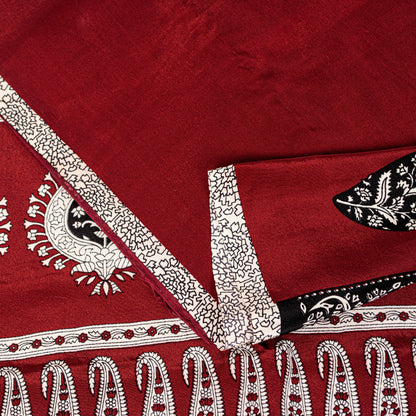 Sanskriti Vintage Red-Black Saree Pure Crepe Handmade Kalamkari 5.5+YD Fabric