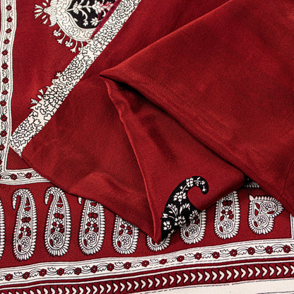 Sanskriti Vintage Red-Black Saree Pure Crepe Handmade Kalamkari 5.5+YD Fabric