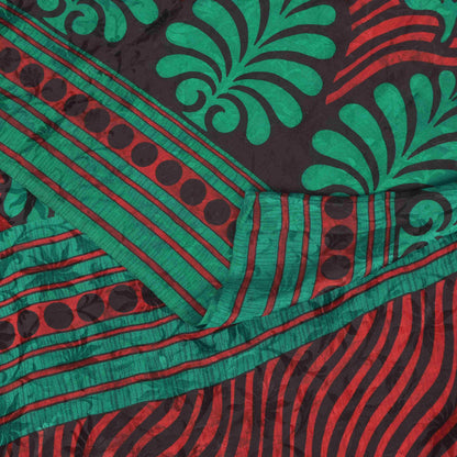 Sanskriti Vintage Soft Red-Green Pure Crepe Sari Floral Print Woven Saree 5.5Yd
