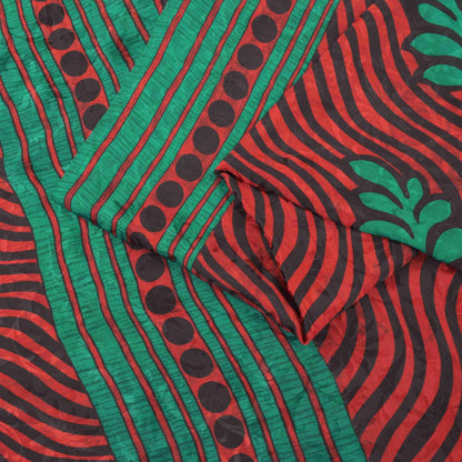 Sanskriti Vintage Soft Red-Green Pure Crepe Sari Floral Print Woven Saree 5.5Yd