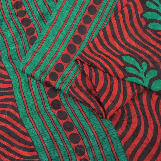 Sanskriti Vintage Soft Red-Green Pure Crepe Sari Floral Print Woven Saree 5.5Yd