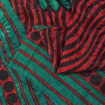 Sanskriti Vintage Soft Red-Green Pure Crepe Sari Floral Print Woven Saree 5.5Yd