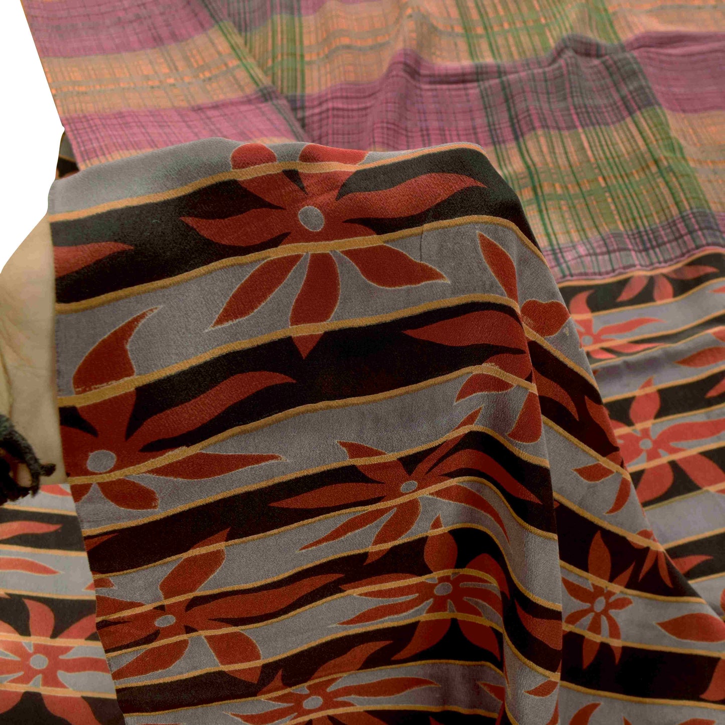 Sanskriti Vintage Soft Peach Pure Crepe Sari Block Kalamkari Printed Saree 5.5Yd