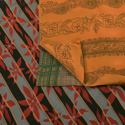 Sanskriti Vintage Soft Peach Pure Crepe Sari Block Kalamkari Printed Saree 5.5Yd