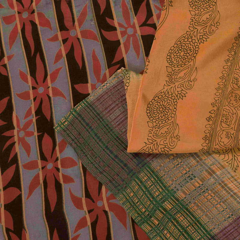 Sanskriti Vintage Soft Peach Pure Crepe Sari Block Kalamkari Printed Saree 5.5Yd