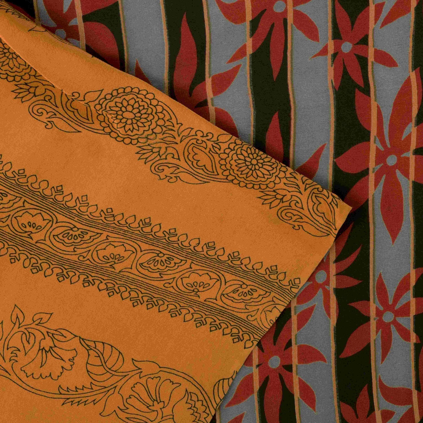 Sanskriti Vintage Soft Peach Pure Crepe Sari Block Kalamkari Printed Saree 5.5Yd
